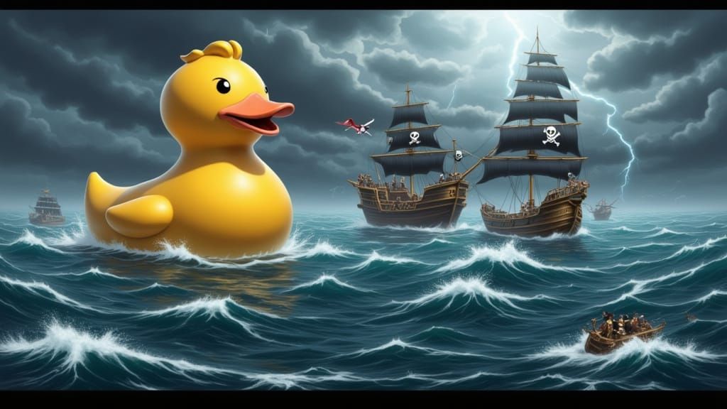 Giant Rubber Duck Pirate Ship Battle in Stormy Seas