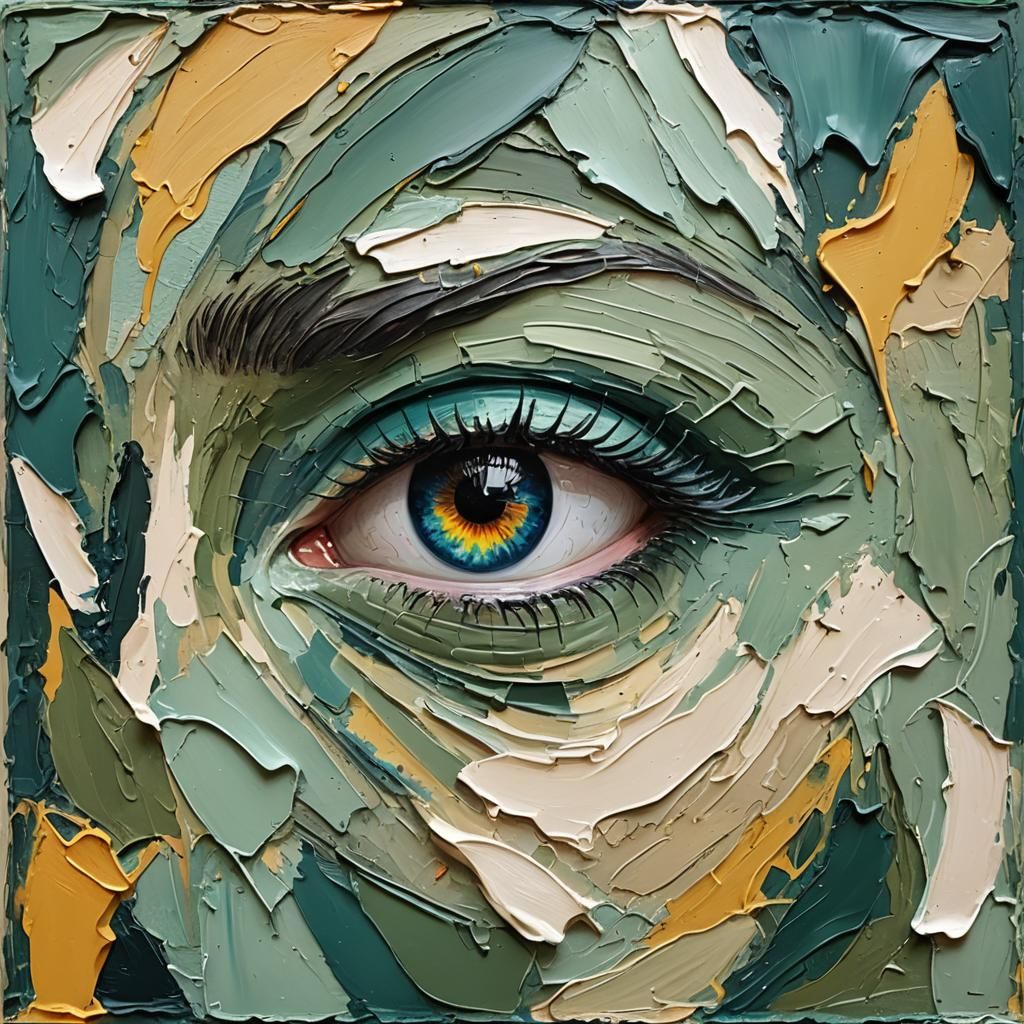 Impasto painted eye. Thick paint. Thick brush strokes on surface. Globs ...