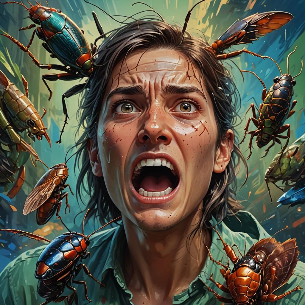 Startled Person and Cockroach in Hyperrealistic Splash Art