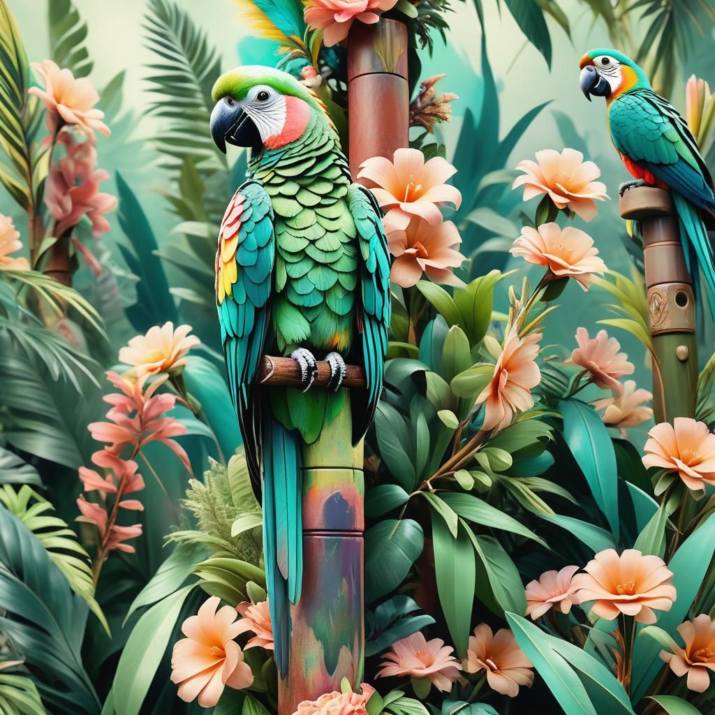 A pastel-colored parrot in the style of floral surrealism, r...