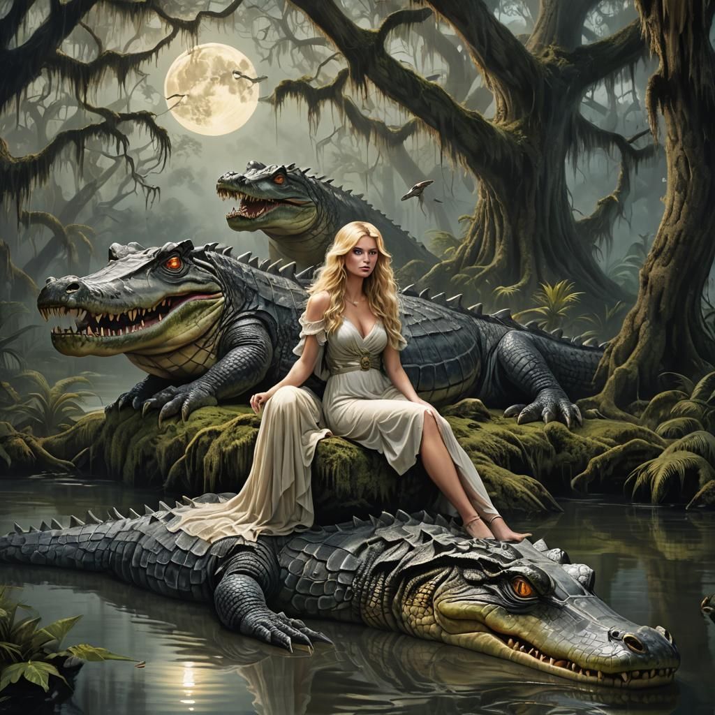 Glowing eyed seductress pinup reclining on the scaly hide of a gargantuan alligator sinking into murky bayou waters, Spanish moss-draped cyp...