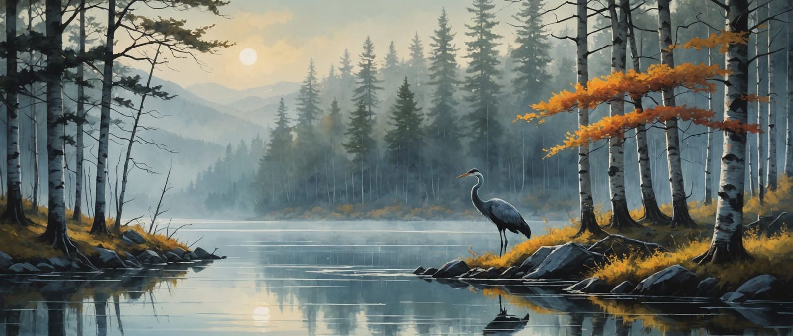 Early Foggy Morning,  crane perched in a lake, peaceful leafy birch trees on the water bank, and the ...  by @Spearmint