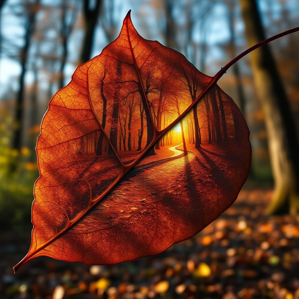 Winding Forest Path Painted on Massive Leaf