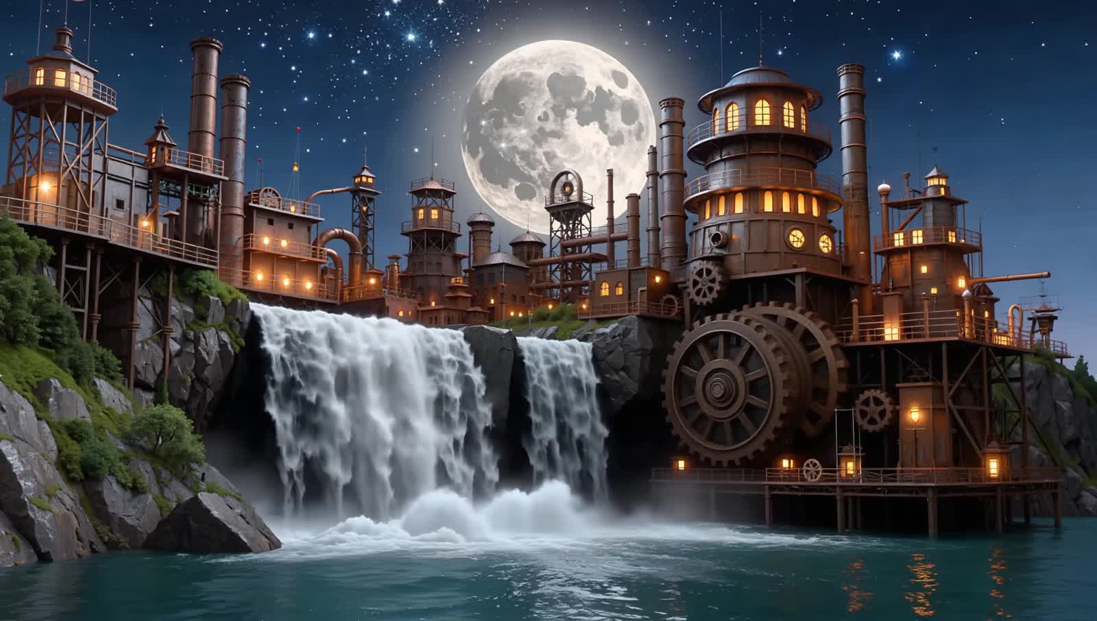 Stars sparkle and the moon shines in the night sky above a steampunk city built on the edge of a river. Waterfalls below...