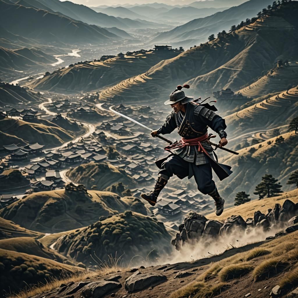 samurai jumping on hills