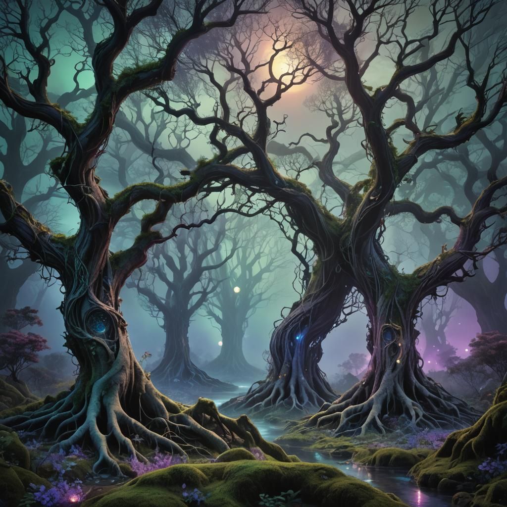 Mystical Forest Enveloped in Lunar Mist