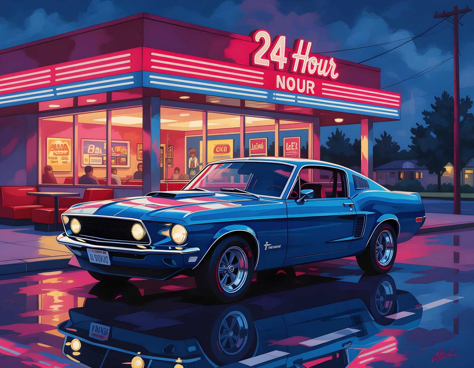 Classic Muscle Car Parked at a Neon-Lit Diner  by @Vaxo