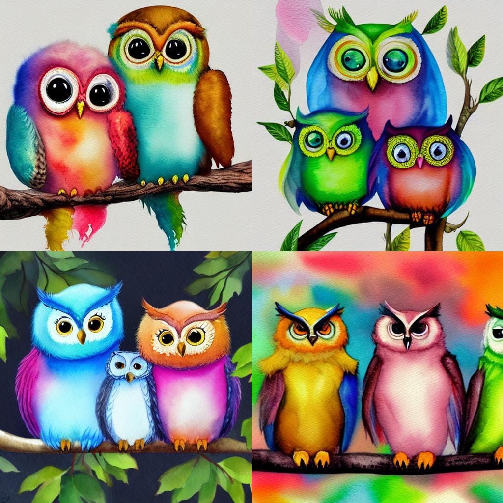 3 cute colorful fluffy owls