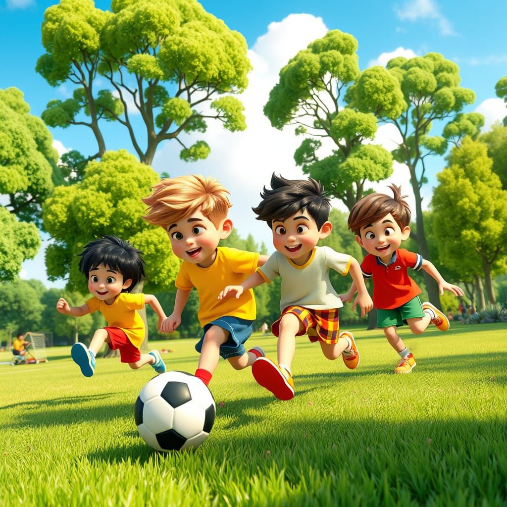 Children Play Football in a Vibrant Green Park in a 3D Pixar...