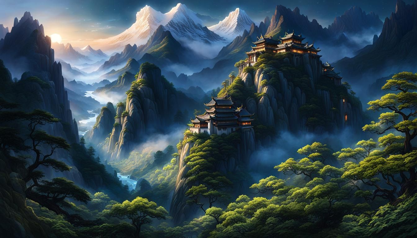 Tranquil Mountain Scene at Night in Detailed Matte Painting