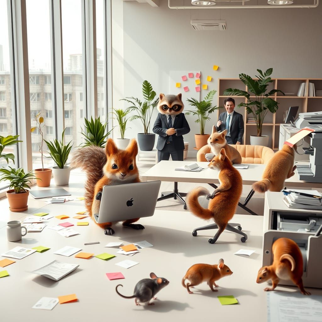 Bustling Modern Office Scene with Whimsical Forest Creatures