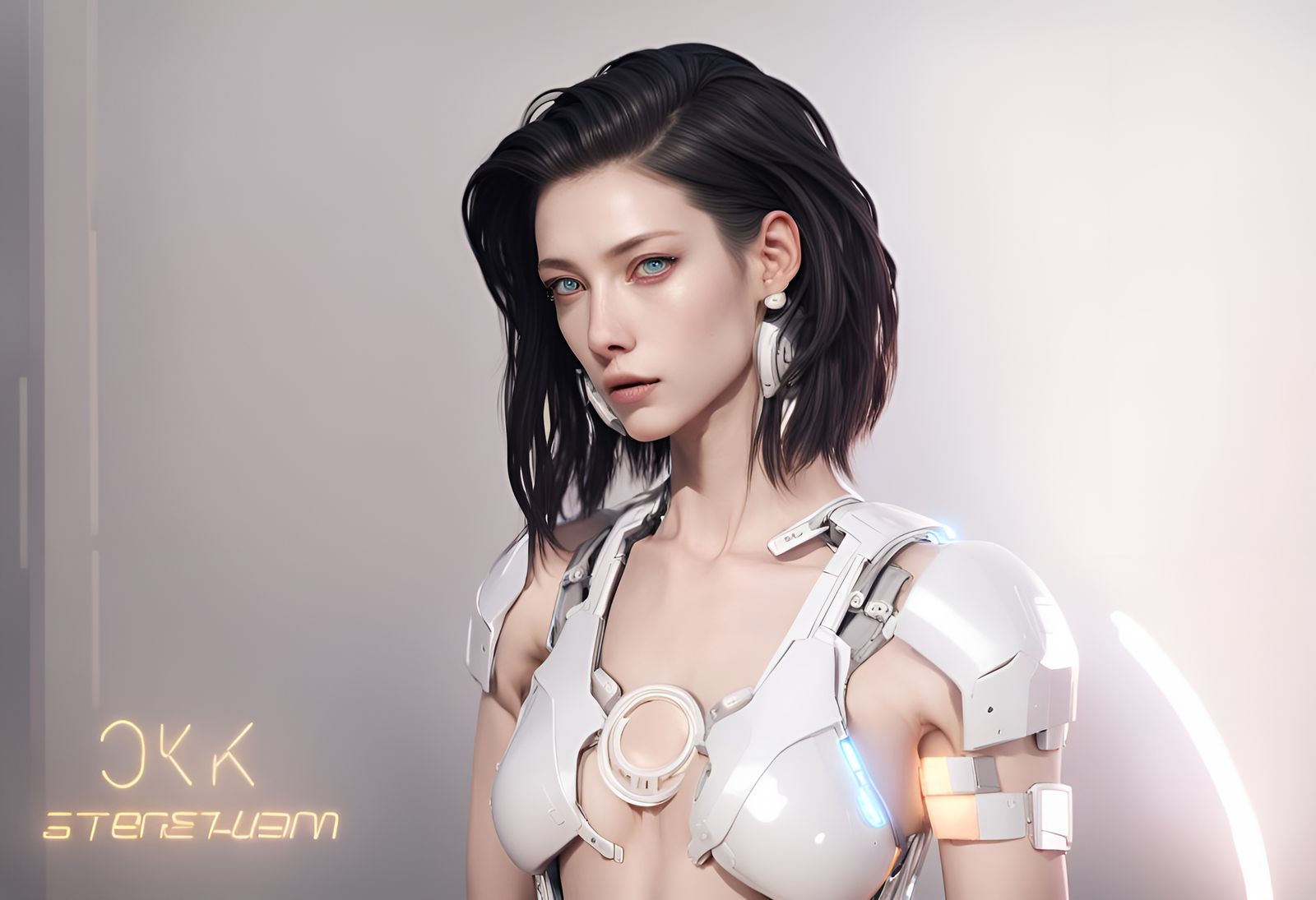 waist-up face portrait of in cybernetic armor, face visible,...