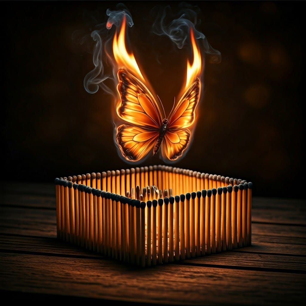 A butterfly made of flames hovers above a hundred burnt matches arranged in a square  by @Likra