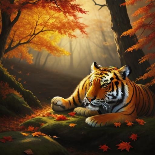 Tiger made entirely of autumn leaves