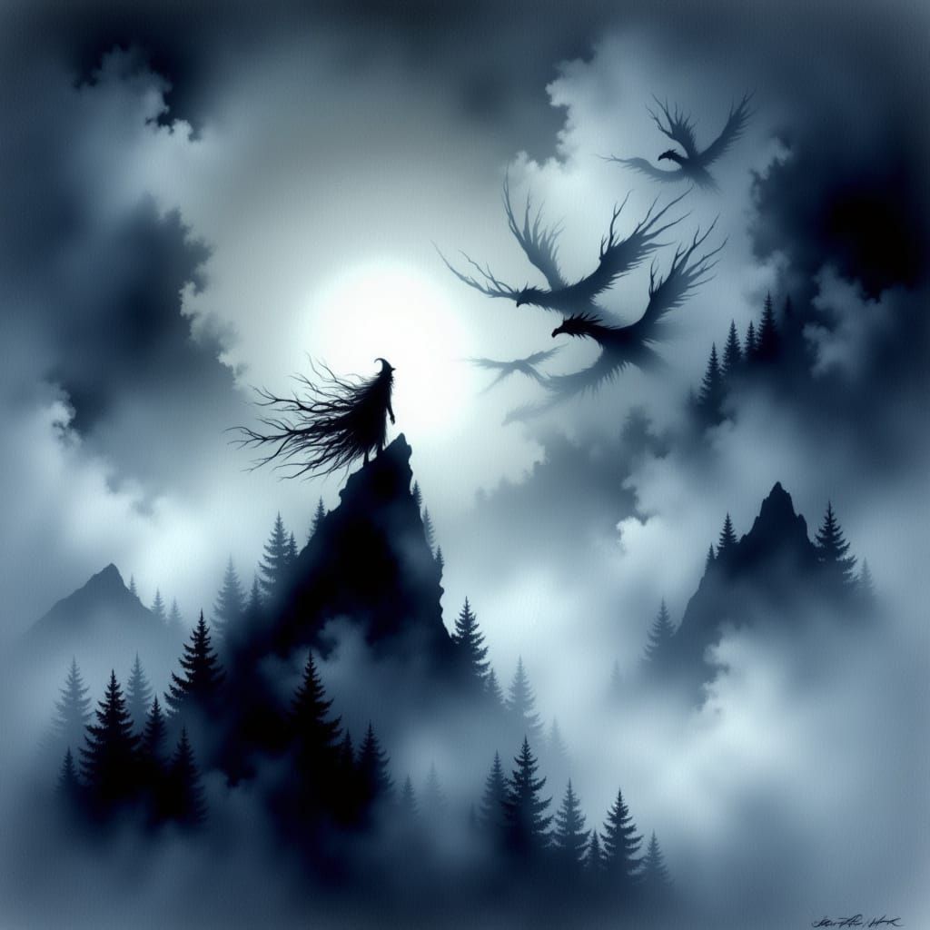 Mysterious impressionistic water color showcasing the small and windswept dark diaphanous silhouette of ghostlike sorcerer (seen from afar:1...