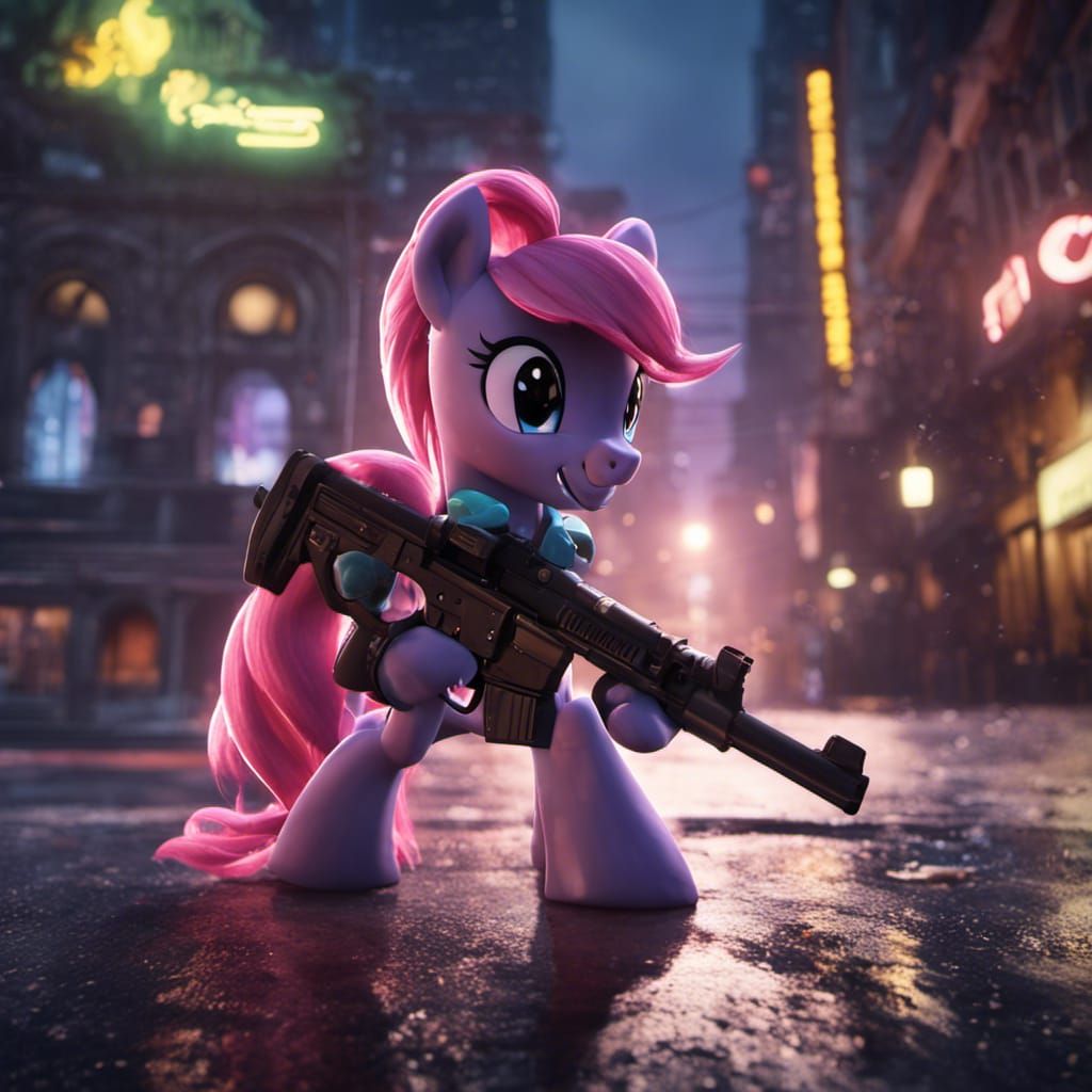 my little pony with tommy gun walking city streets during the night - AI  Generated Artwork - NightCafe Creator