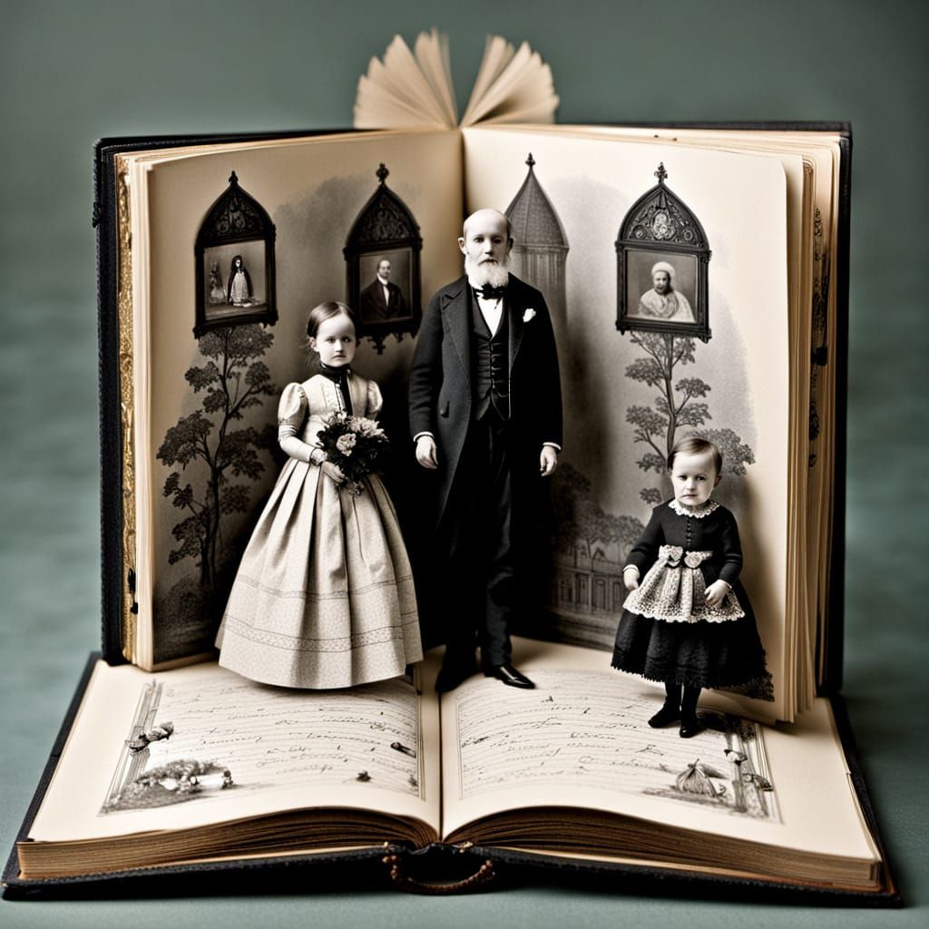 A Victorian photo album whose pages are *living dioramas*—when touched, the subjects turn to acknowledge ...  by @dic4b