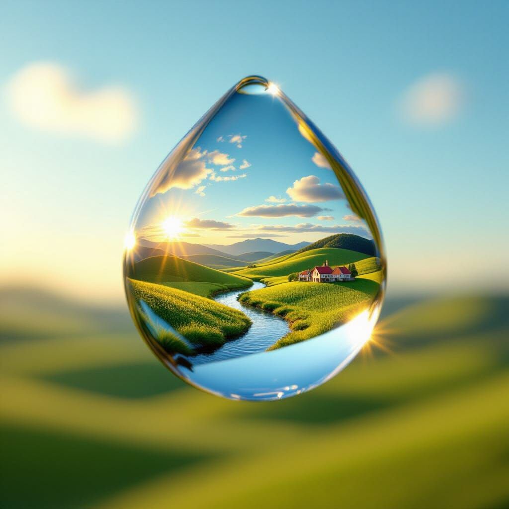 Water Droplet Reflects Miniature Pastoral World at Golden Ho...