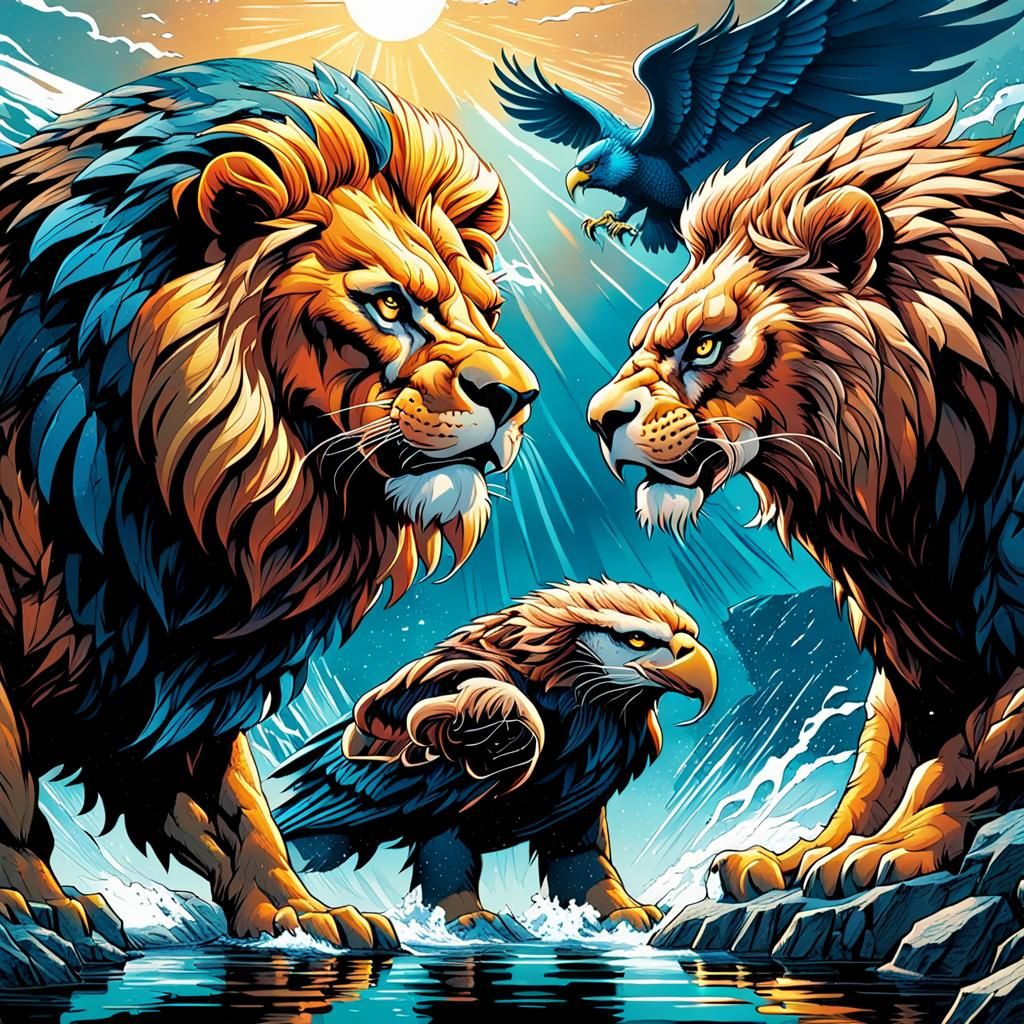 Lion and Eagle Face-Off in Comic Book Art
