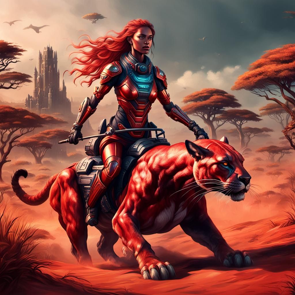 a very beautiful red woman riding a (((cyber))-puma) in a sa...