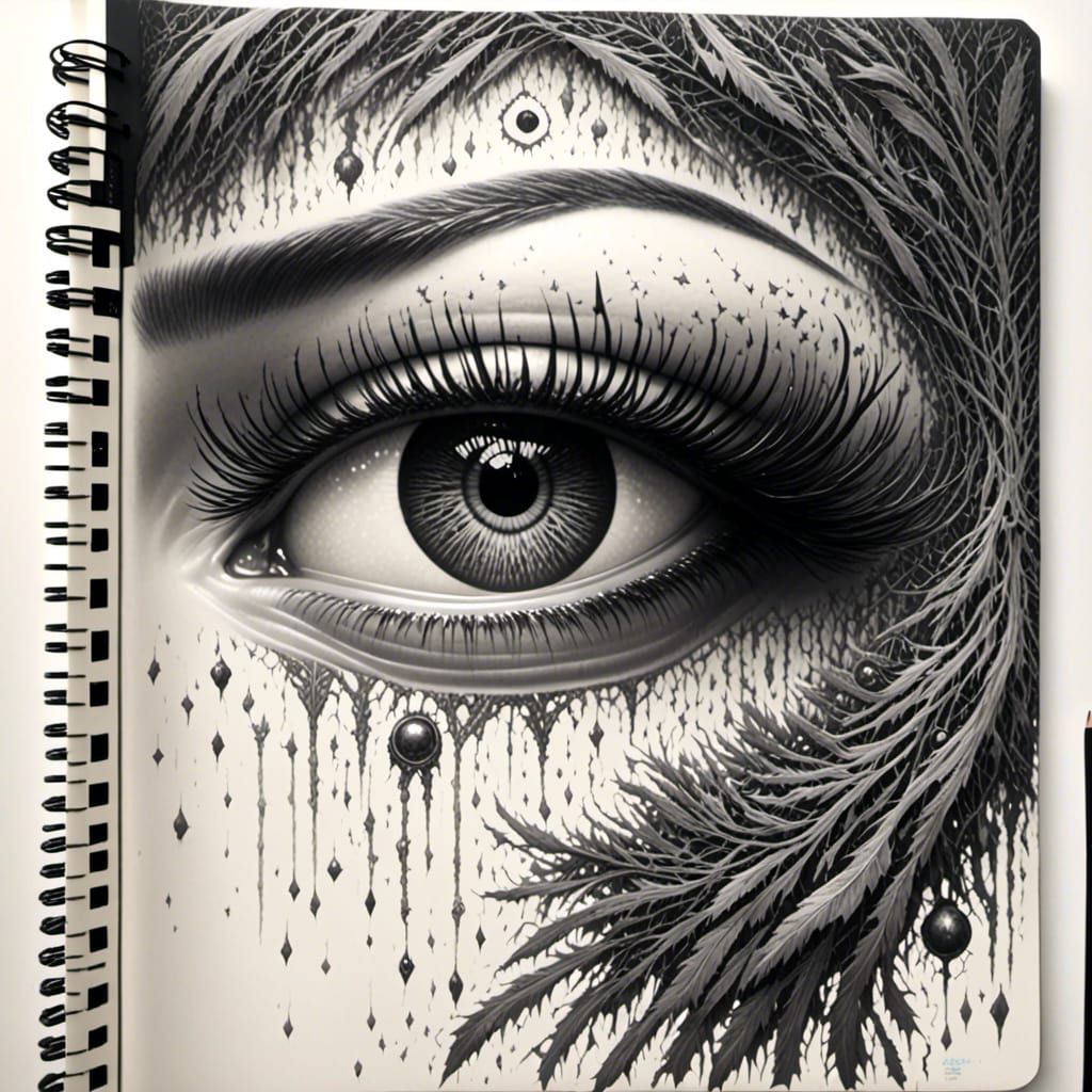<lora:GraphiteMix:1.0>, graphite, notebook, monotone, black and white,, Macro shot of spellbinding eye by scan of codex serphinianus