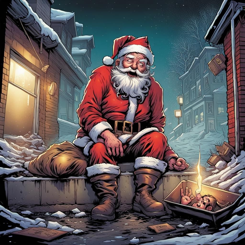 Filthy Homeless drunk Santa Claus in the gutter - AI Generated Artwork ...