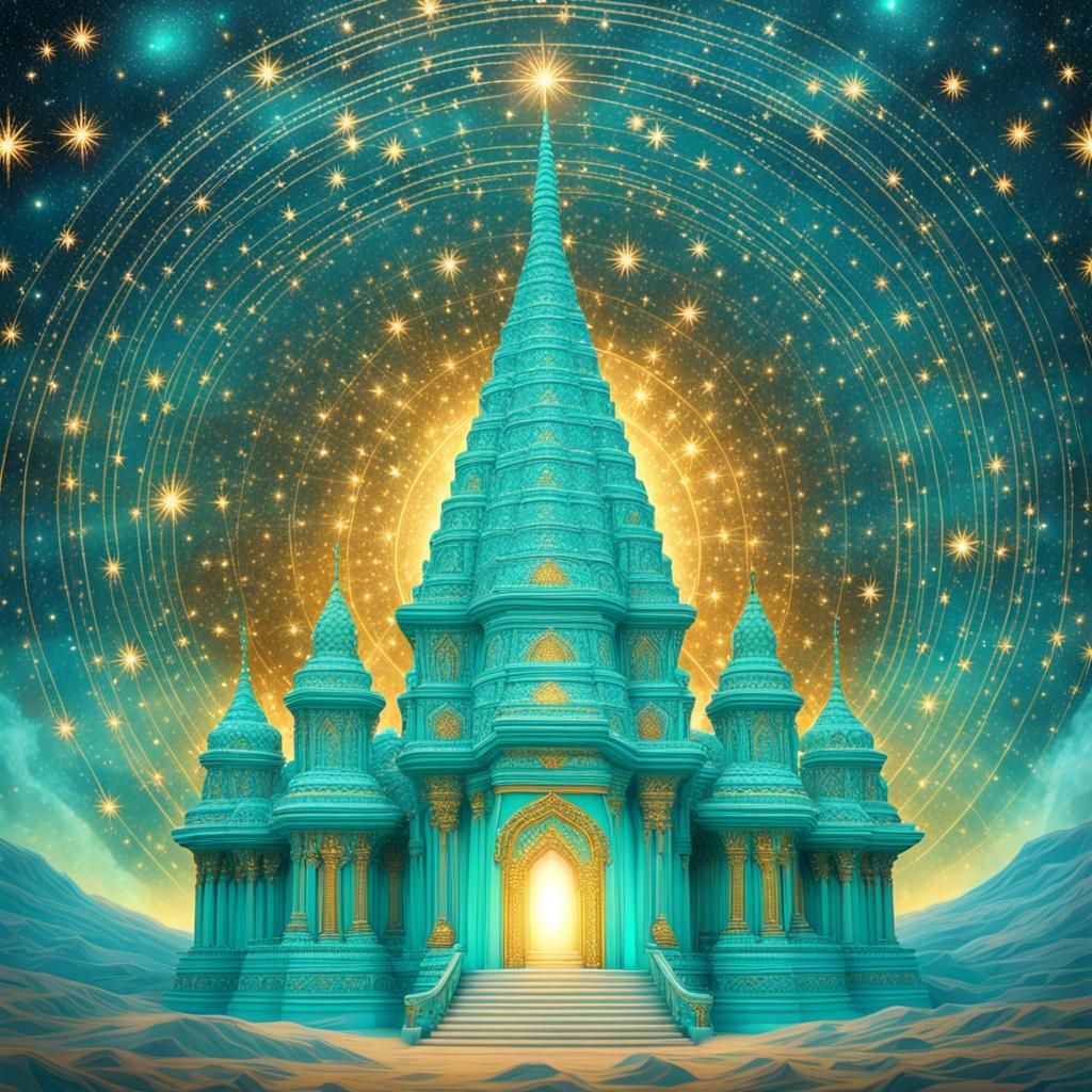 Ornate Turquoise Temple in Golden Starry Field