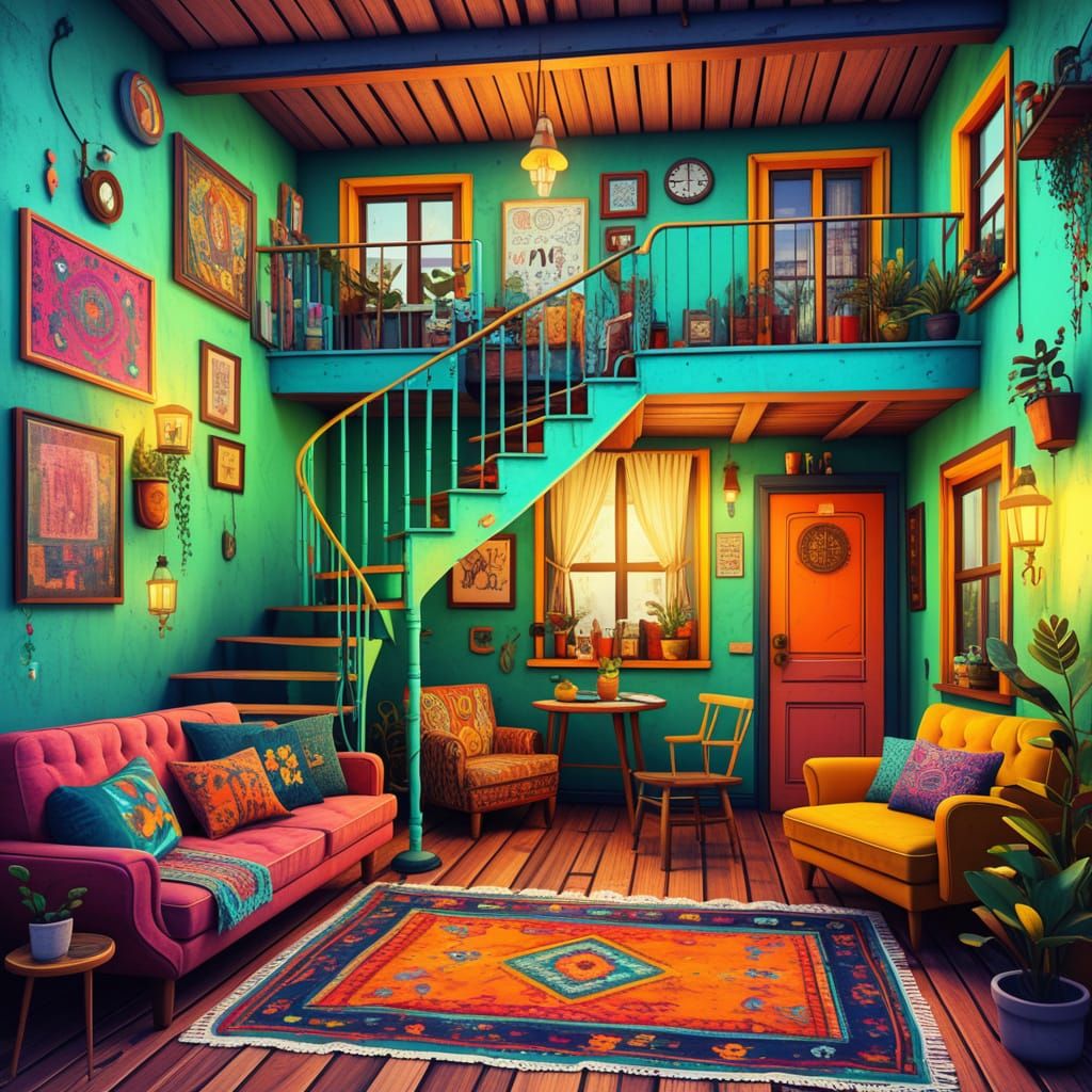 A quirky, cheap retro bohemian duplex with a spiral staircase 