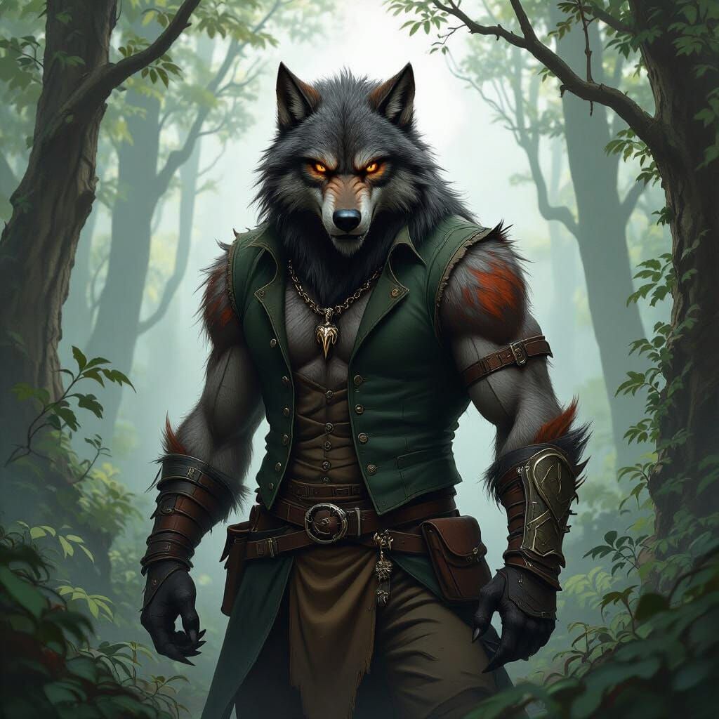 A wiry werewolf with dark grey and rusty red-brown fur, especially around the muzzle and forearms, stands proudly in the heart of a misty fo...