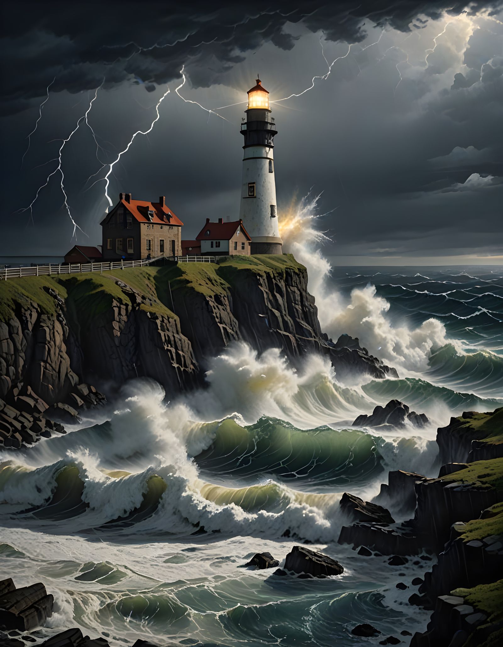 Lighthouse in Stormy Seas: Dramatic Oil Painting