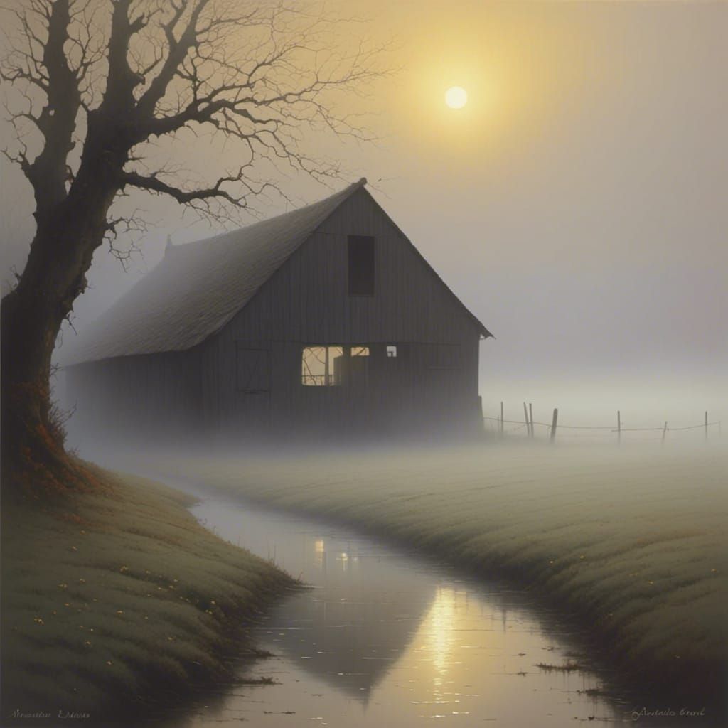 <lora:Mystic Surrealism:1.0>the old barn under a misty moon 