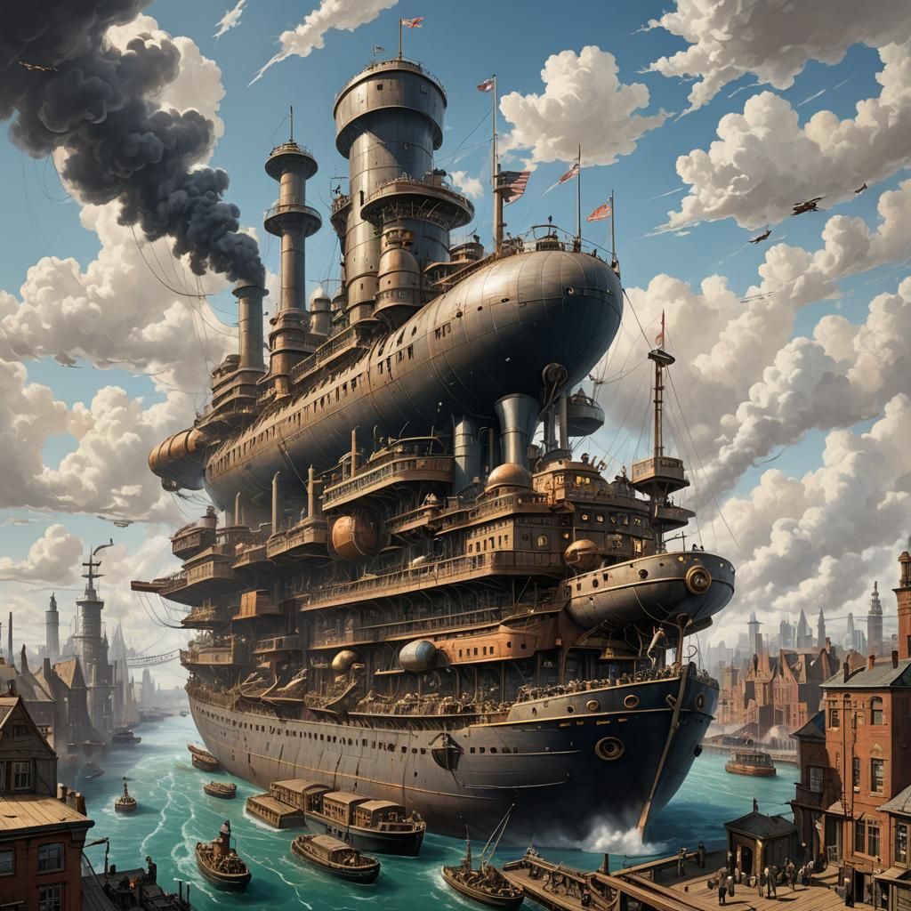 A colossal ferry, a mix of blimp and steamship.