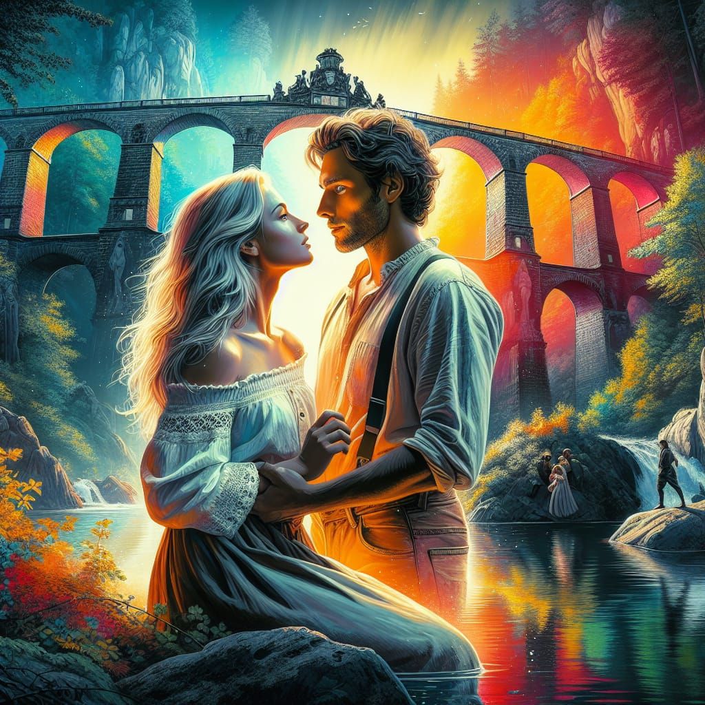 Rakotzbrücke Hyperrealistic Splash Art with Couple