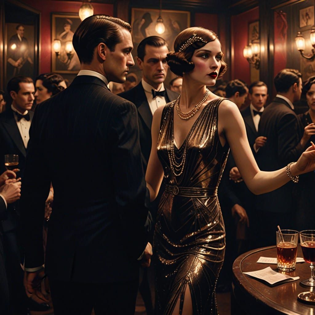 detailed oil painting of people wearing flapper dresses and sharp suits, dancing in a windowless 1920s ...  by @Tangled Serendipity