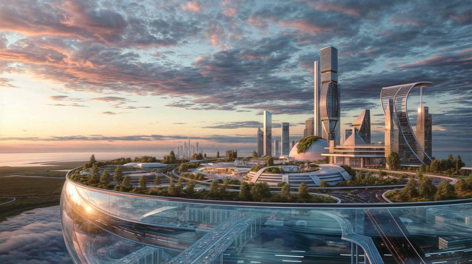 The image depicts a futuristic city built into a desert land...