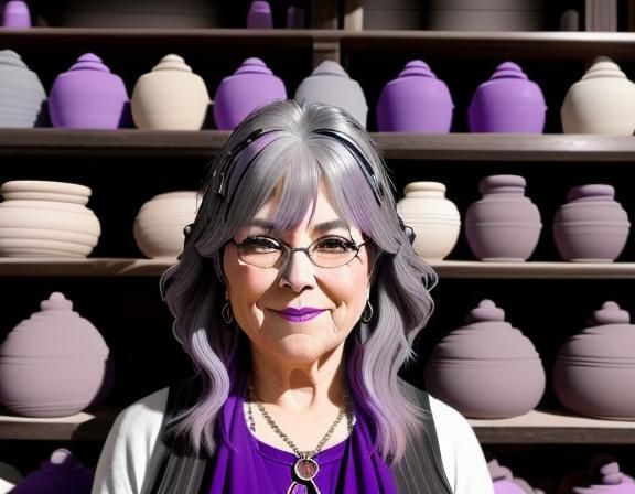 <lora:CreaturesNCharacters:1.0> Portrait of a vibrant middle aged woman (with streaks of gray and purple in her hair) :: Standing in a potte...