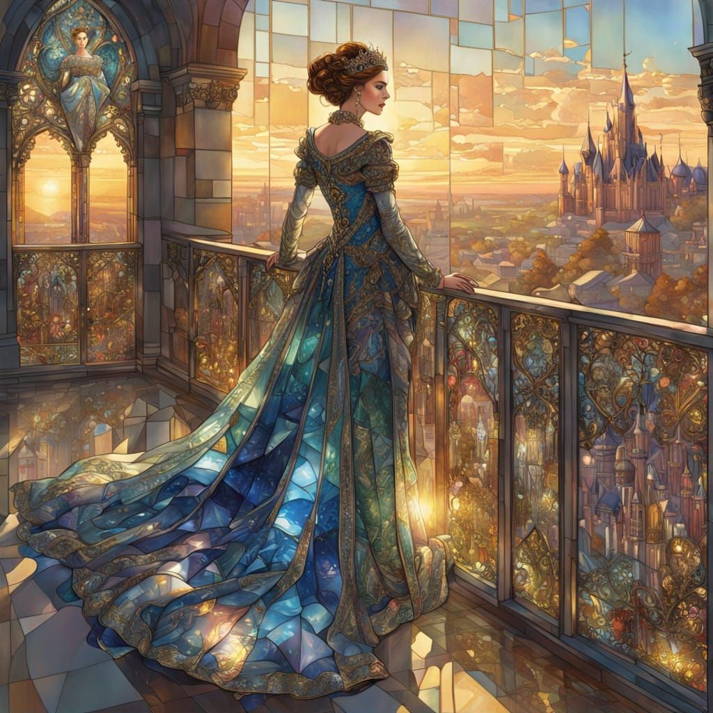 Glass fashion. A regal queen stands on a balcony overlooking a city made of crystal. She wears an elaborate ...  by @Al_in_Tanzania