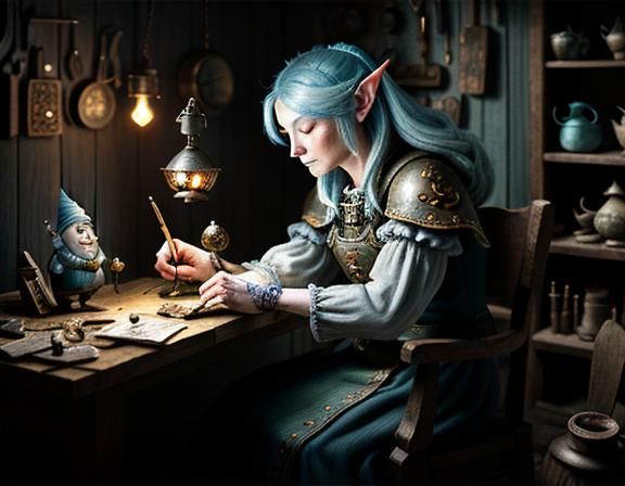 a female gnome repairing an automaton at a workbench. a mast...
