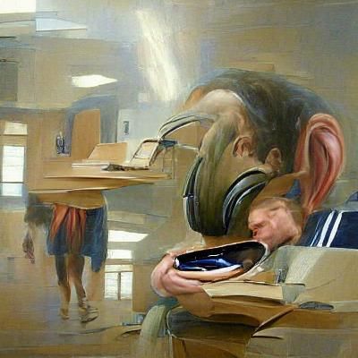 Ugly man wearing headphones at school playing on an iPad