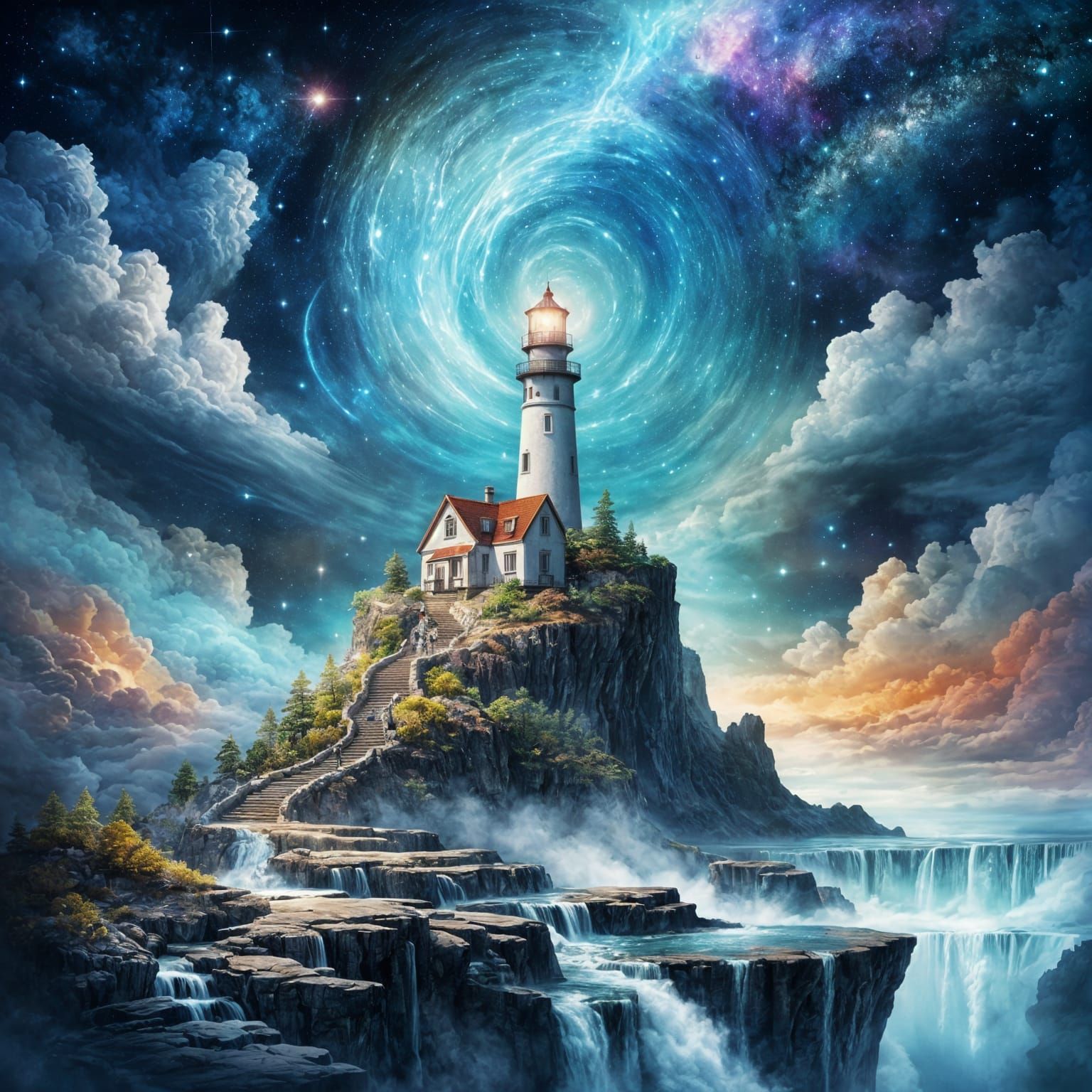 Majestic Lighthouse Above Clouds Under Nebula Sky