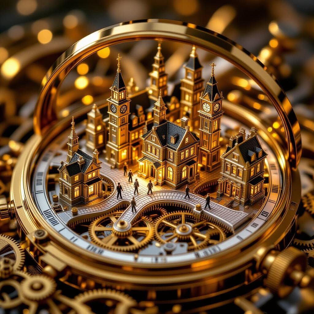 "A realistic close-up photo of a miniature mechanical city inside an open pocket watch — small buildings ...  by @Schoor