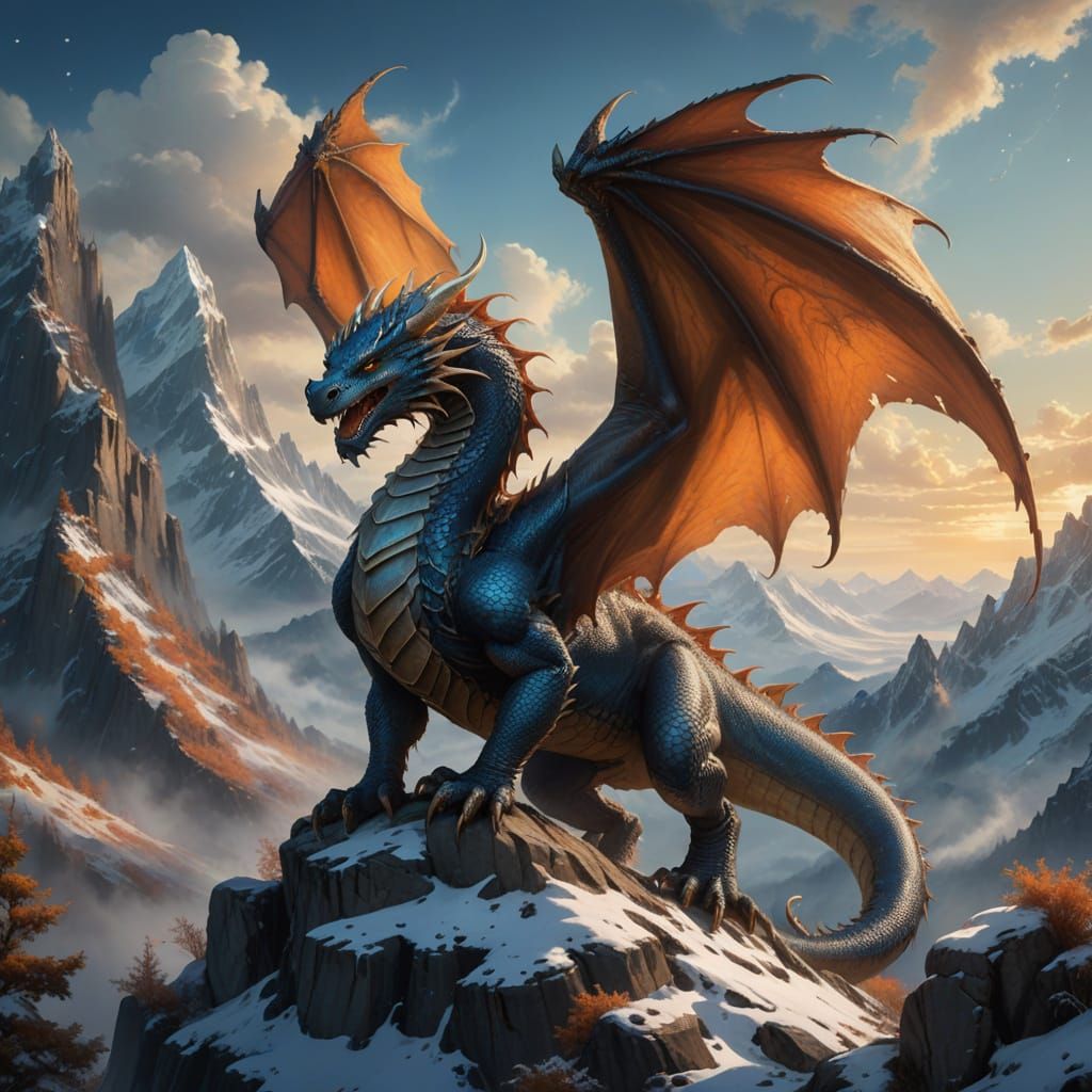 The last of the dragons, old, majestic, waiting on top of a snow capped mountain, wings stretched out. complementary colors romanticism mixe...