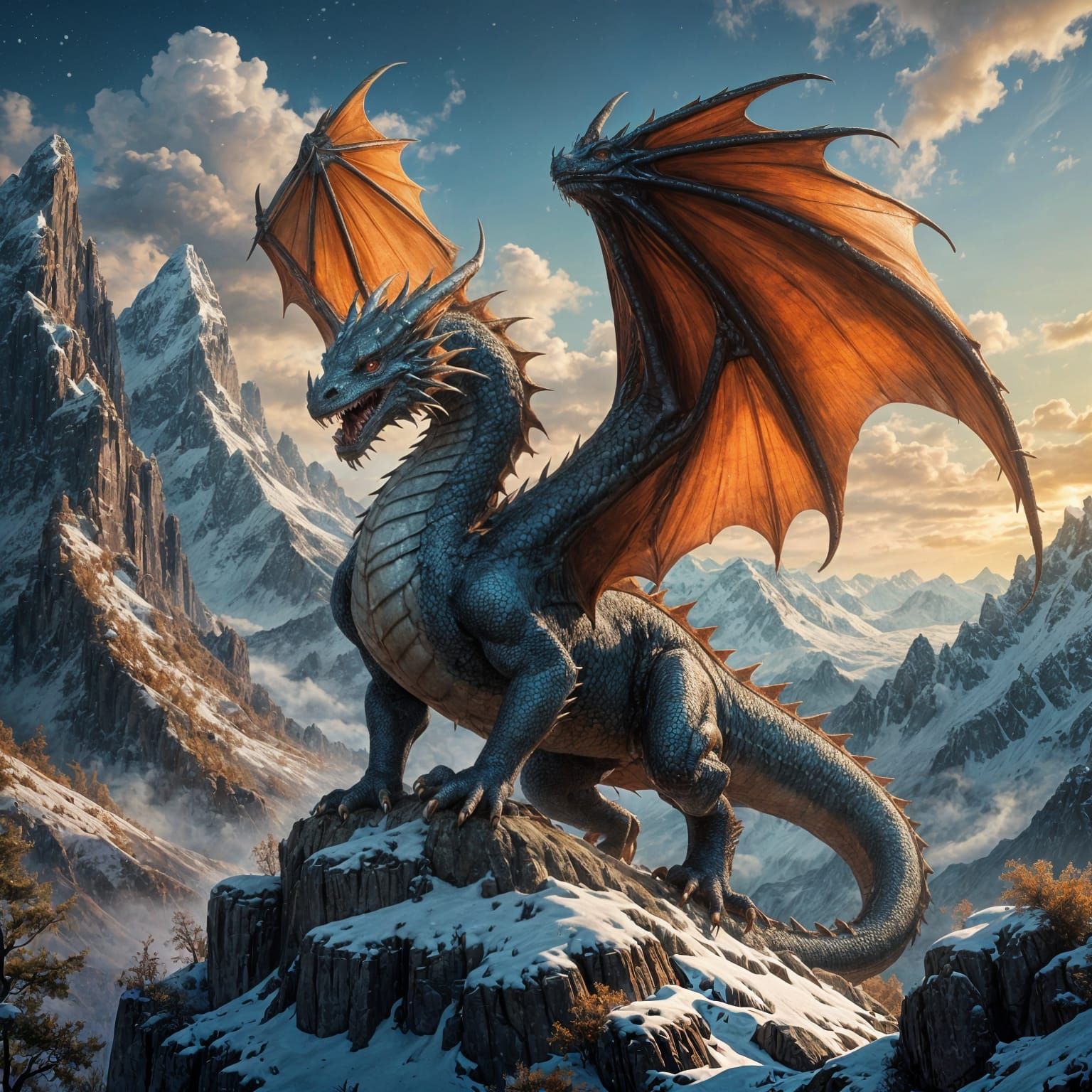 The last of the dragons, old, majestic, waiting on top of a snow capped mountain, wings stretched out. ...  by @Elvenangel
