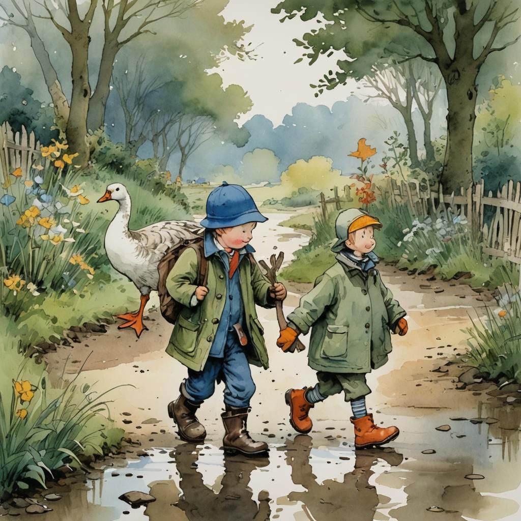 a little boy in rubber boots and his goose go for a walk tog...