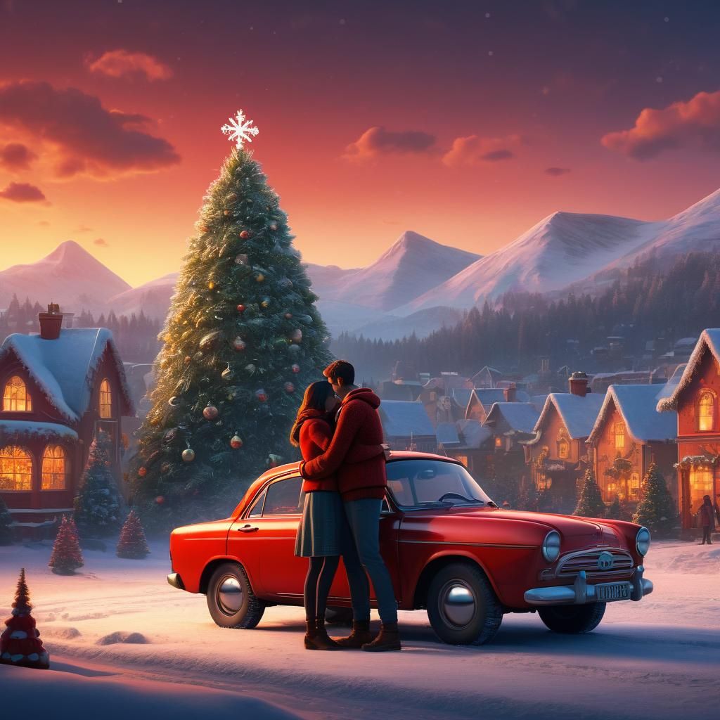 Romantic Christmas Moment in a Snowy Village