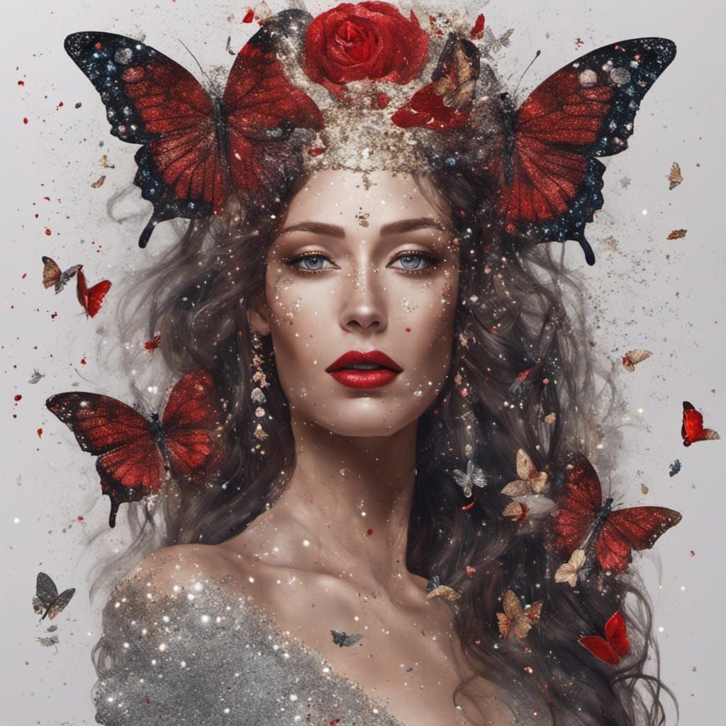 Queen in a heavily glittered dress with a tiara, make-up red...