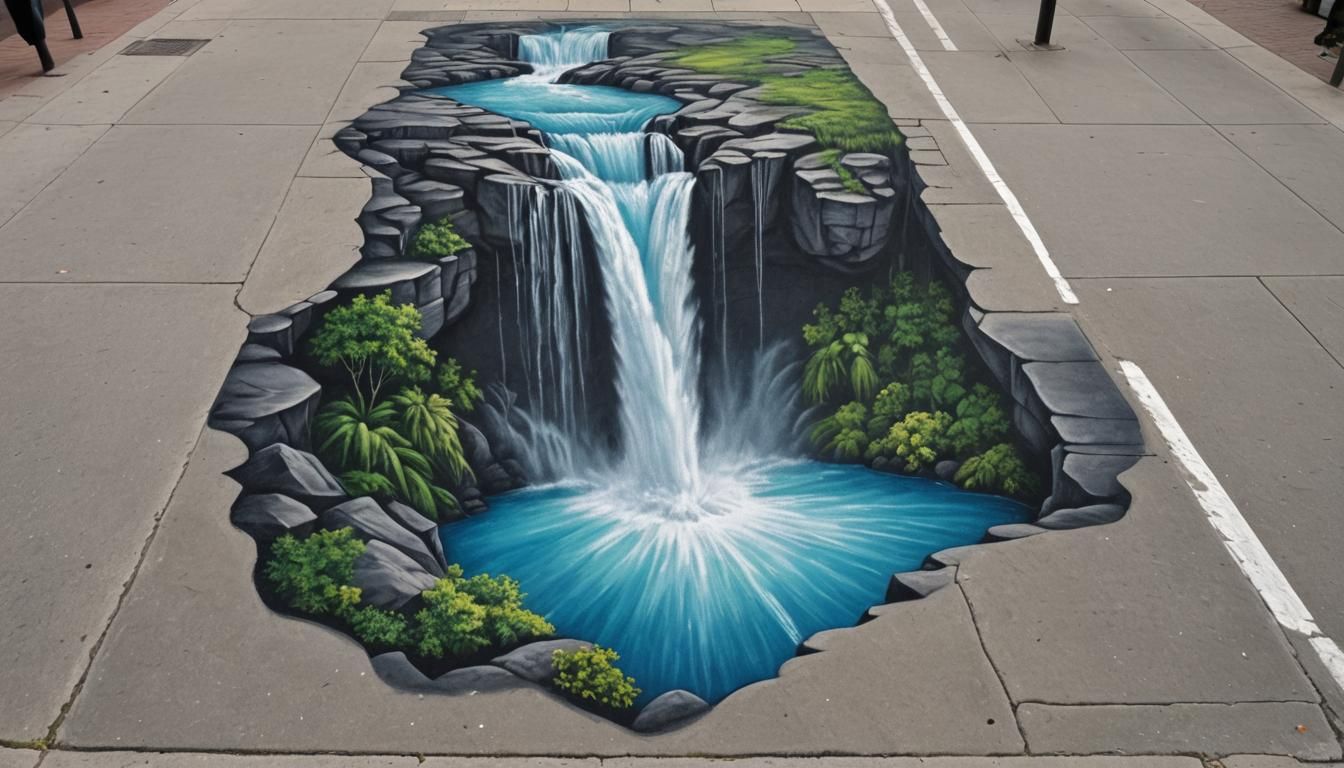 Waterfall Chalk Art on a Sidewalk  by @3E