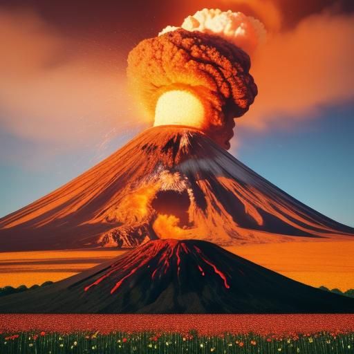 "A volcano erupting in a field of blooming flowers"