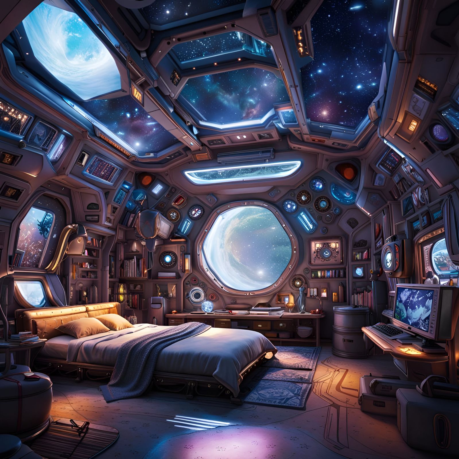 Bedroom in Space  by @ArtificialInventions