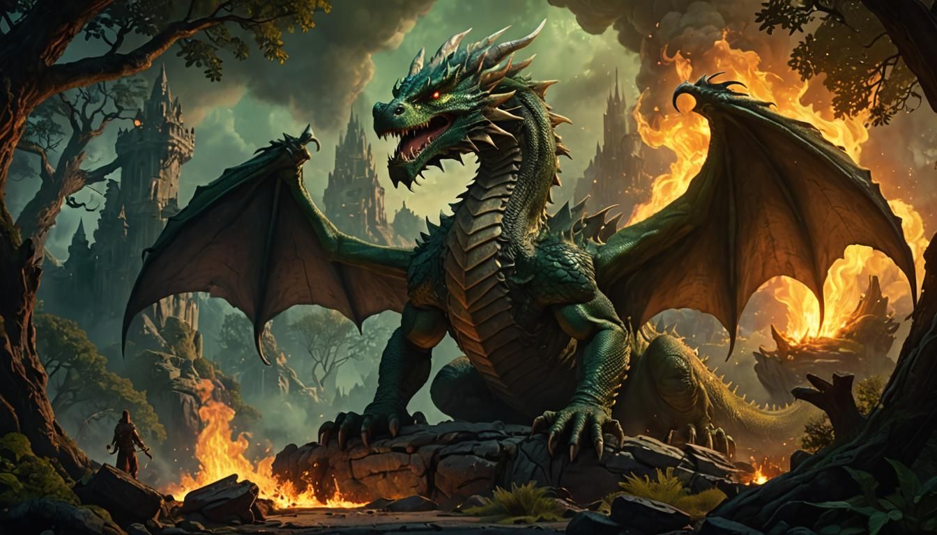 A Giant  Green Dragon with fire red eyes   by @AI Curious